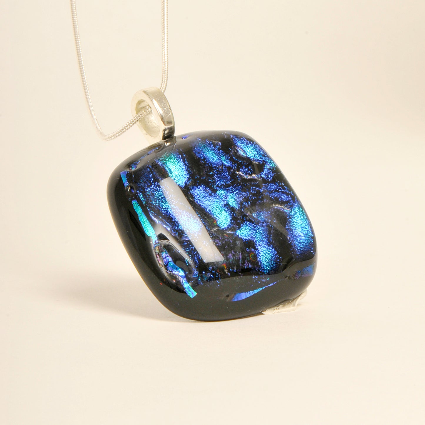 Handmade Denim Blue Dichroic Art Glass Pendant and Necklace