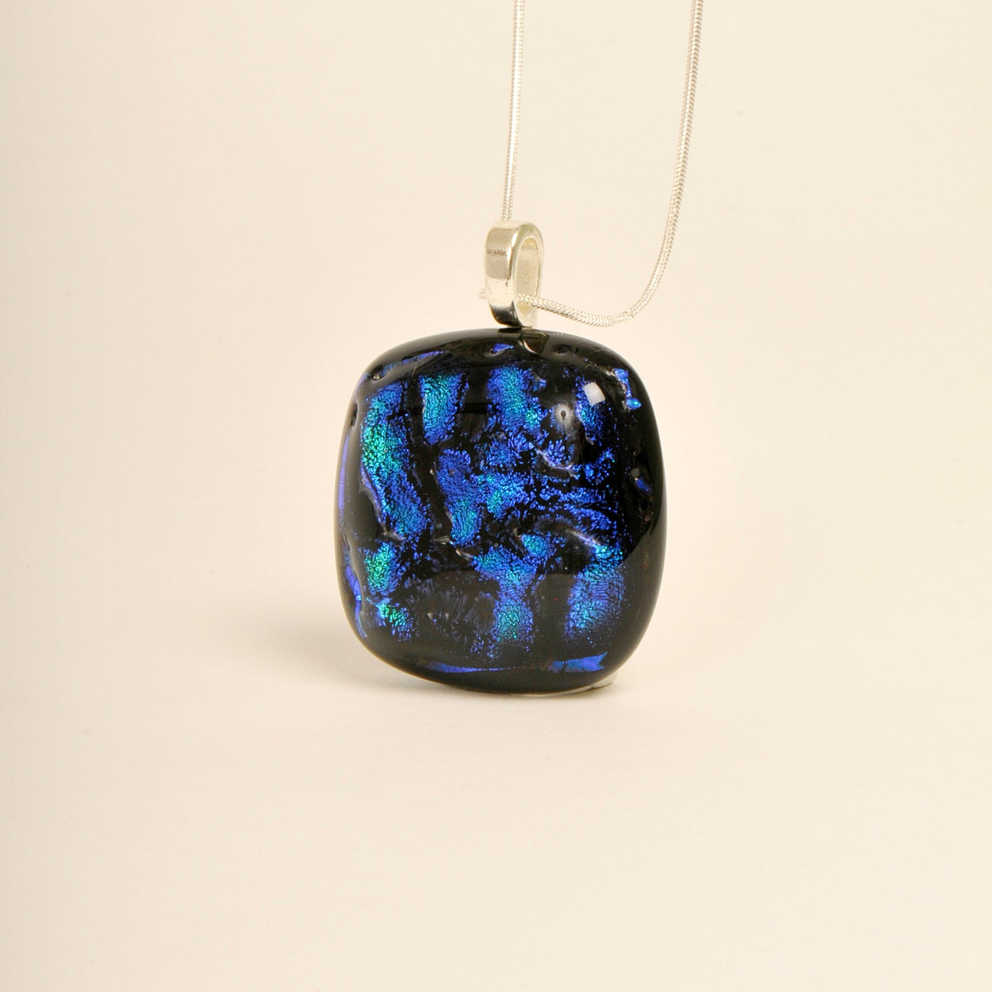 Handmade Denim Blue Dichroic Art Glass Pendant and Necklace