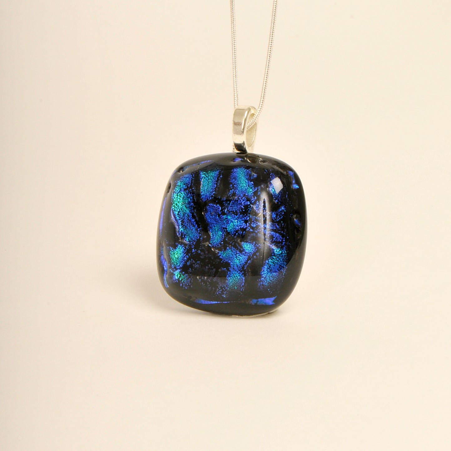 Handmade Denim Blue Dichroic Art Glass Pendant and Necklace