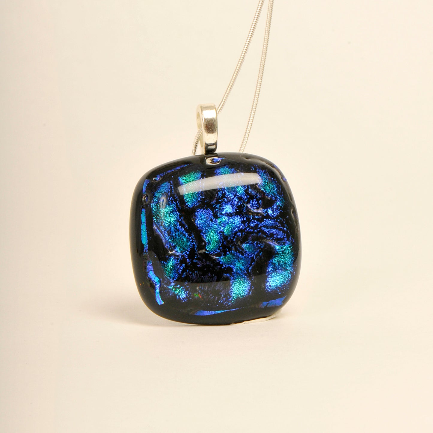 Handmade Denim Blue Dichroic Art Glass Pendant and Necklace