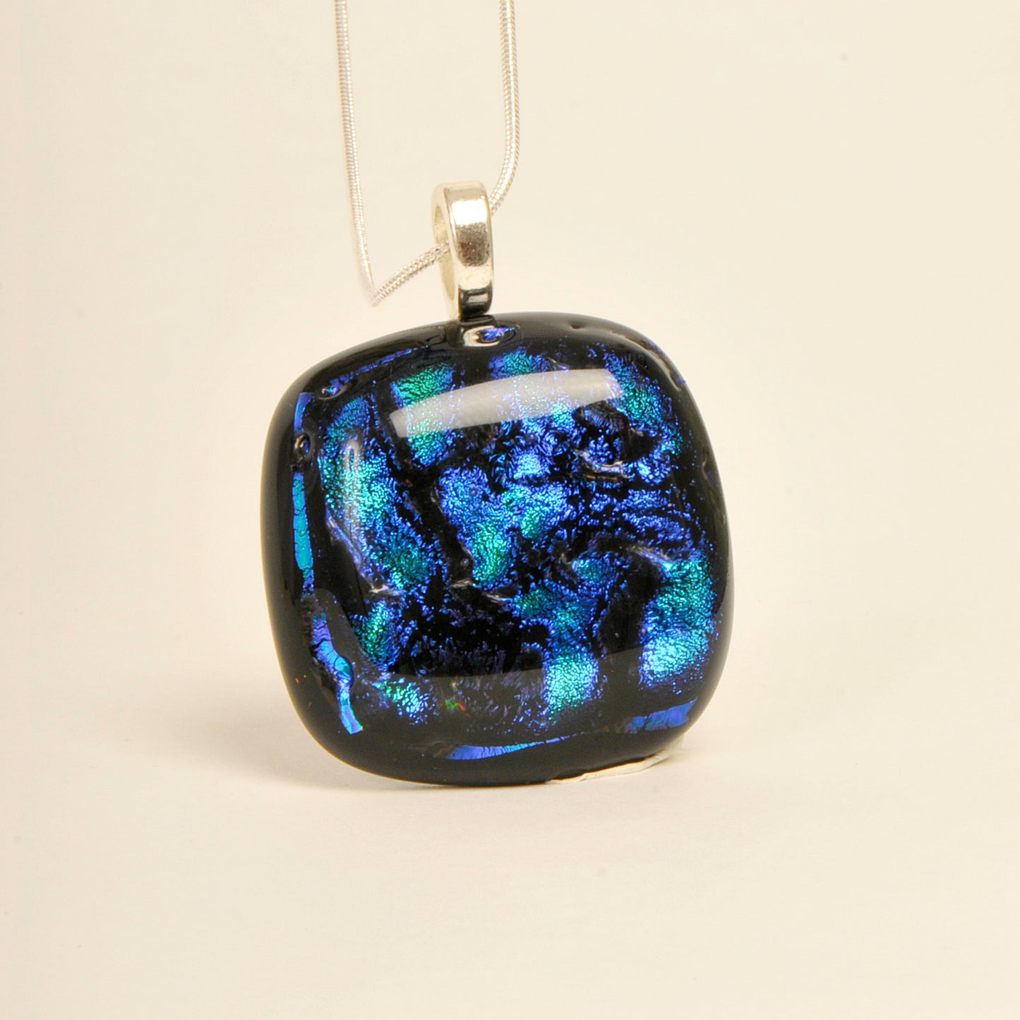 Handmade Denim Blue Dichroic Art Glass Pendant and Necklace