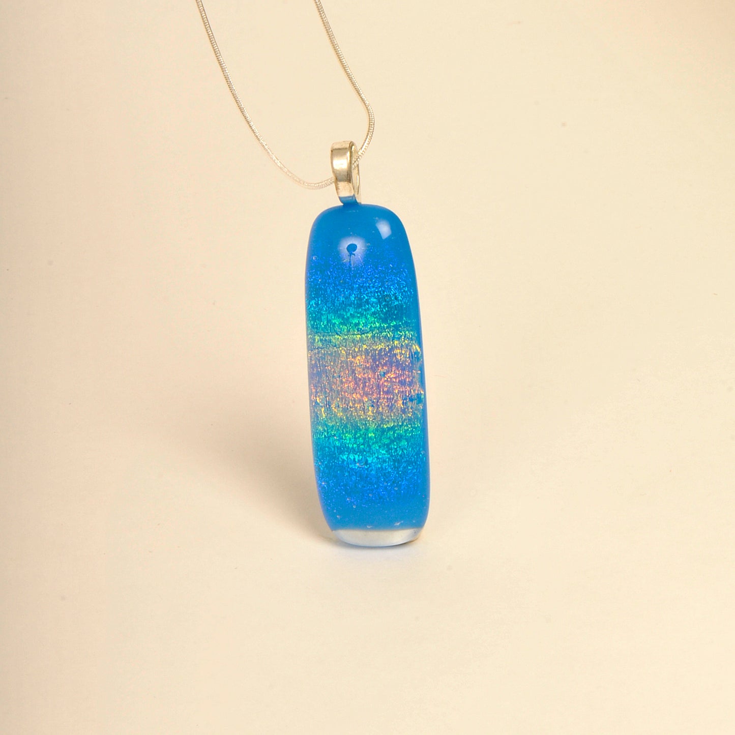 Handmade Sky Blue Dichroic Rainbow Art Glass Pendant and Necklace