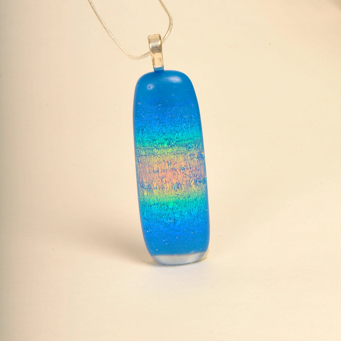 Handmade Sky Blue Dichroic Rainbow Art Glass Pendant and Necklace