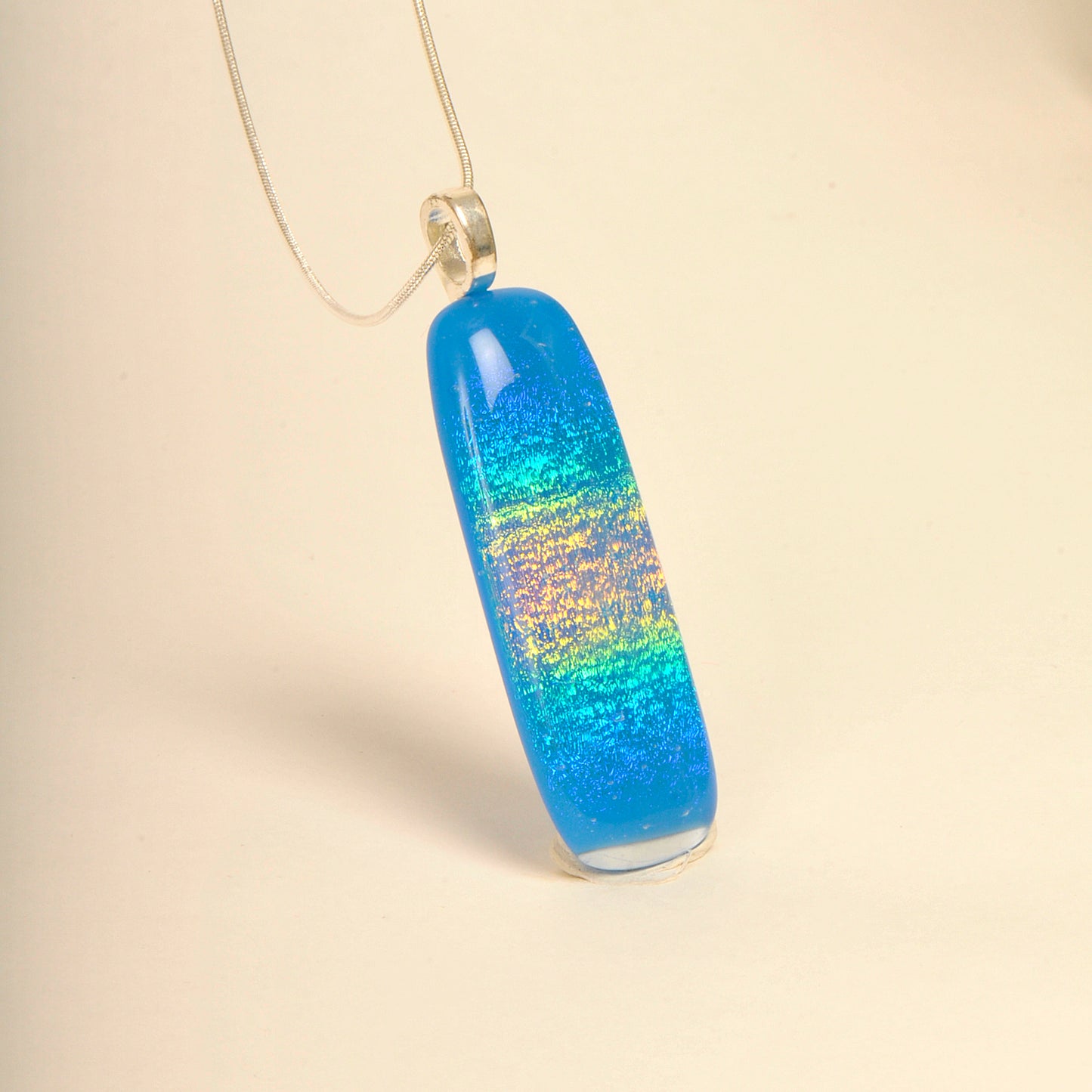 Handmade Sky Blue Dichroic Rainbow Art Glass Pendant and Necklace