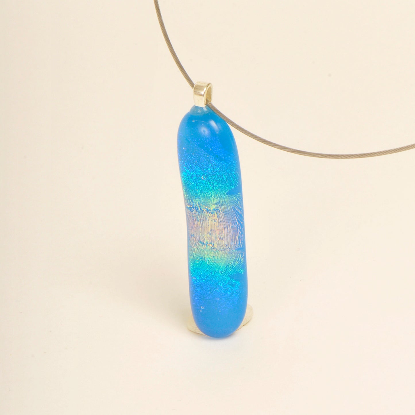 Handmade Sky Blue Dichroic Rainbow Art Glass Pendant and Necklace