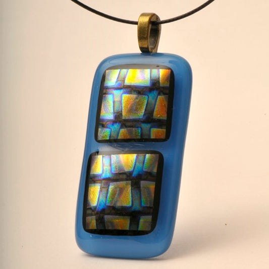 Handmade Blue and Dichroic Squares Art Glass Pendant and Necklace