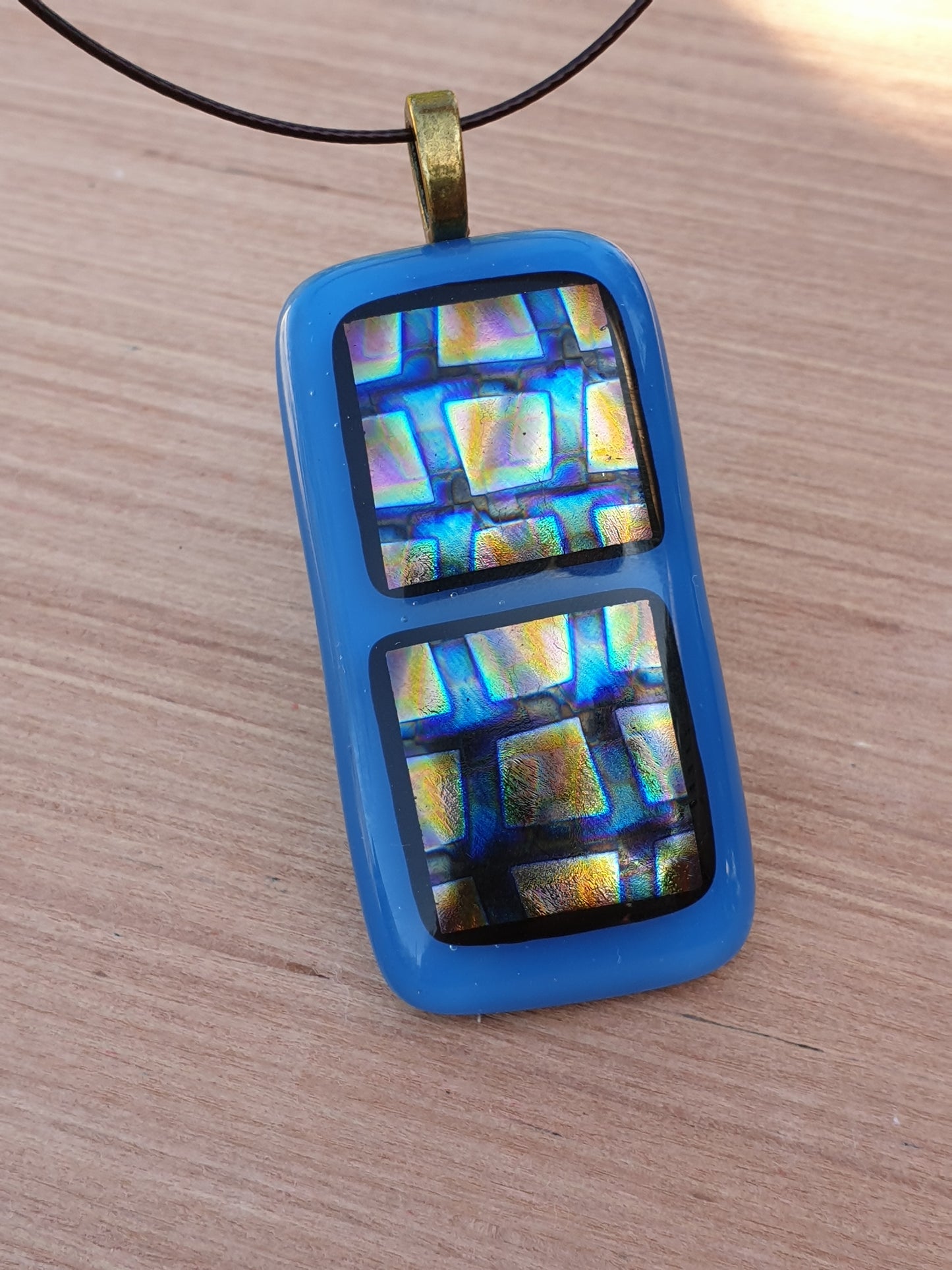 Handmade Blue and Dichroic Squares Art Glass Pendant and Necklace