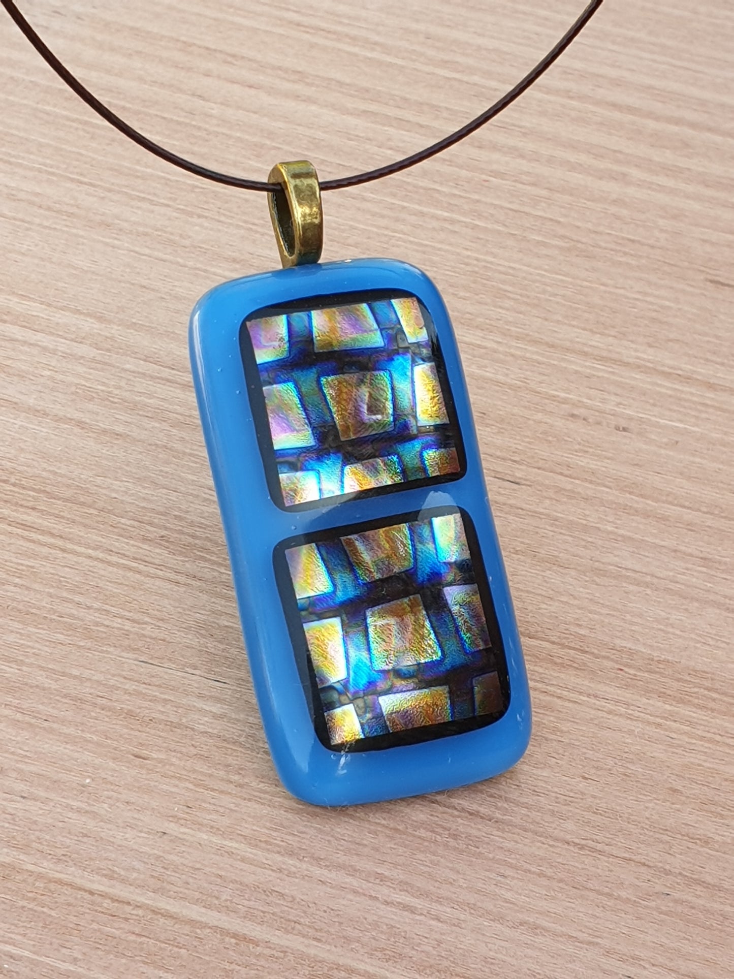 Handmade Blue and Dichroic Squares Art Glass Pendant and Necklace